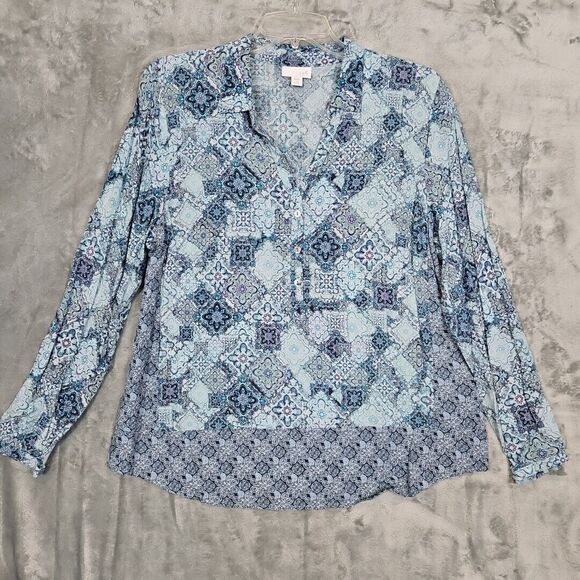 J Jill Blue Geometric Blouse Sz Lg Petite Rayon vneck - Picture 1 of 9